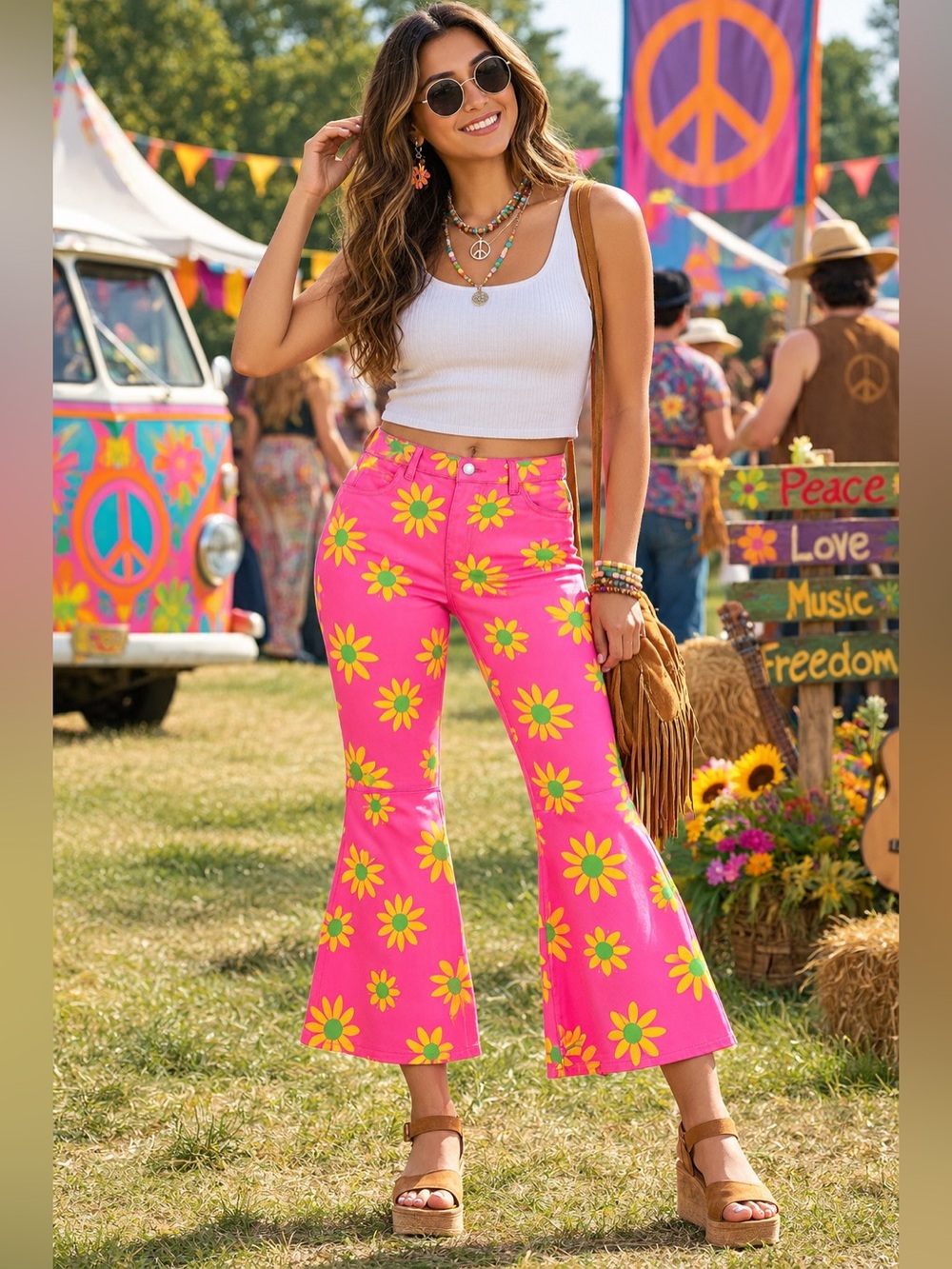 FP Youthquake Printed Crop Pants Lipstick Combo Boho Retro Floral Flare Barbie